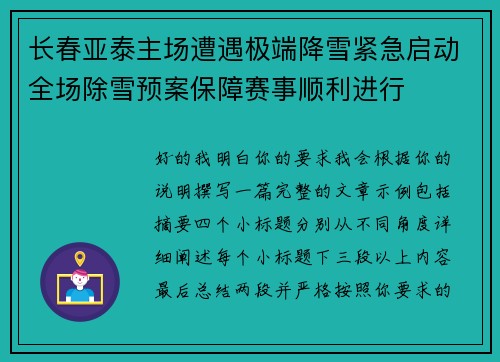 长春亚泰主场遭遇极端降雪紧急启动全场除雪预案保障赛事顺利进行 长春亚泰主场遭遇极端降雪紧急启动全场除雪预案保障赛事顺利进行